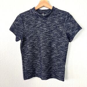 Free People Sz Medium Marled Crop Sweater Tee Navy White Mock Neck Short Sleeves